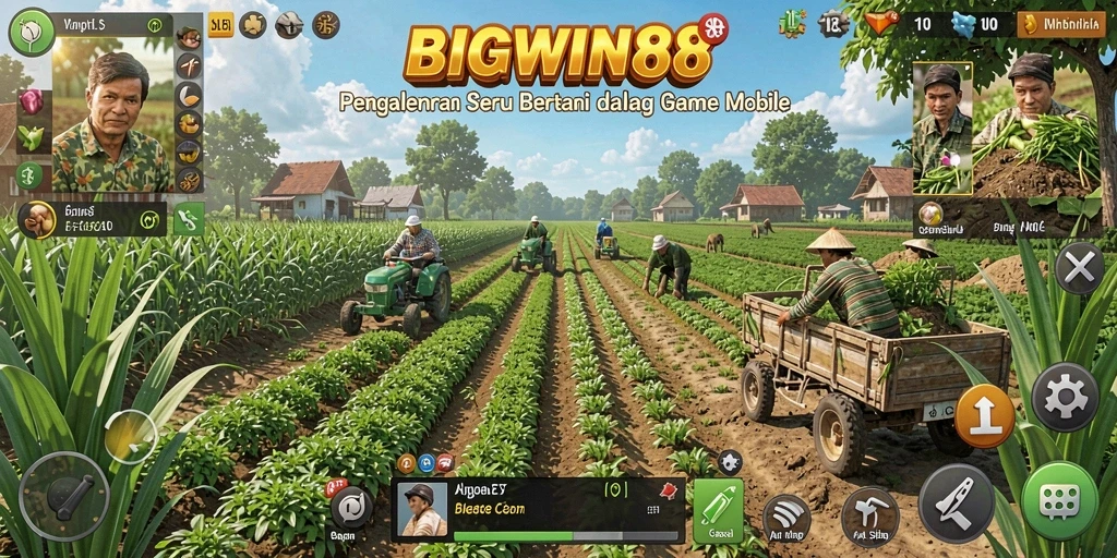 Screenshot gameplay BIGWIN88 menampilkan pertanian yang subur dan hewan ternak.