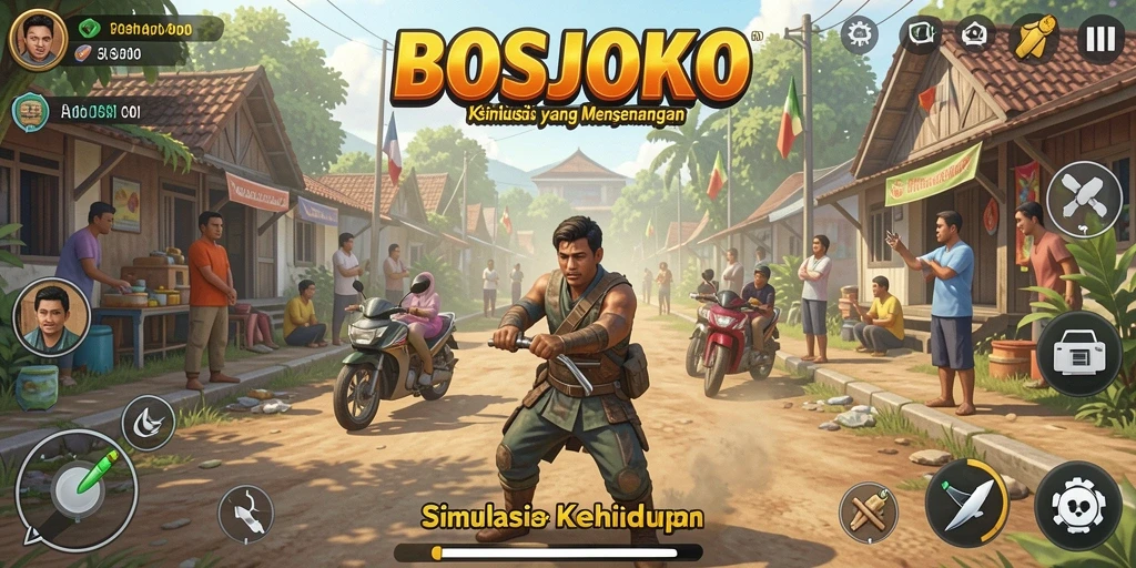 Tampilan gameplay BOSJOKO yang menampilkan interaksi karakter dan aktivitas sehari-hari.