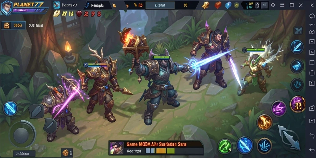 Tampilan gameplay seru dalam pertempuran MOBA PLANET77.