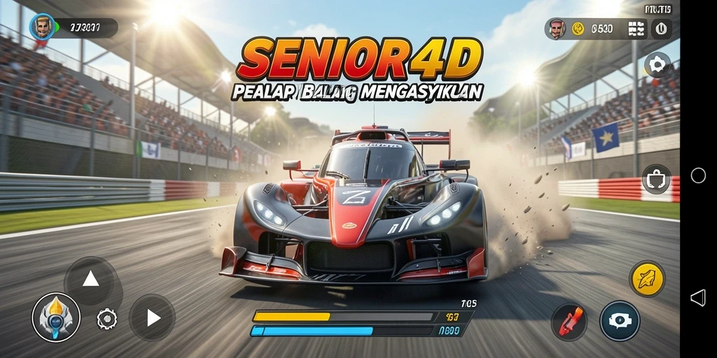 Screenshot utama SENIOR4D menampilkan aksi balapan yang seru.