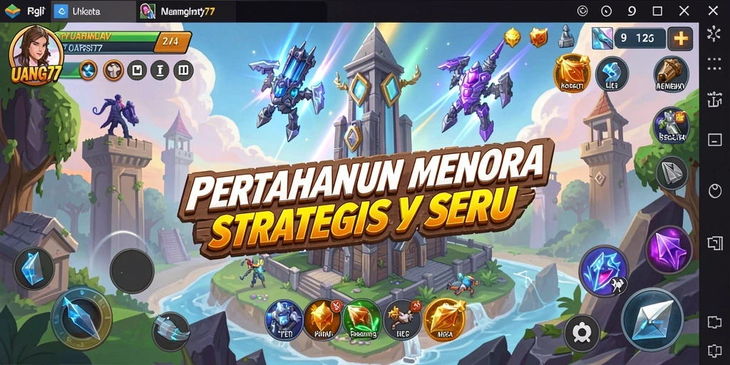 Tampilan gameplay UANG77 dengan menara pertahanan yang strategis.